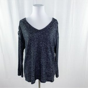 Ambiance v-neck black gray marled tie braided shoulder long sleeve top